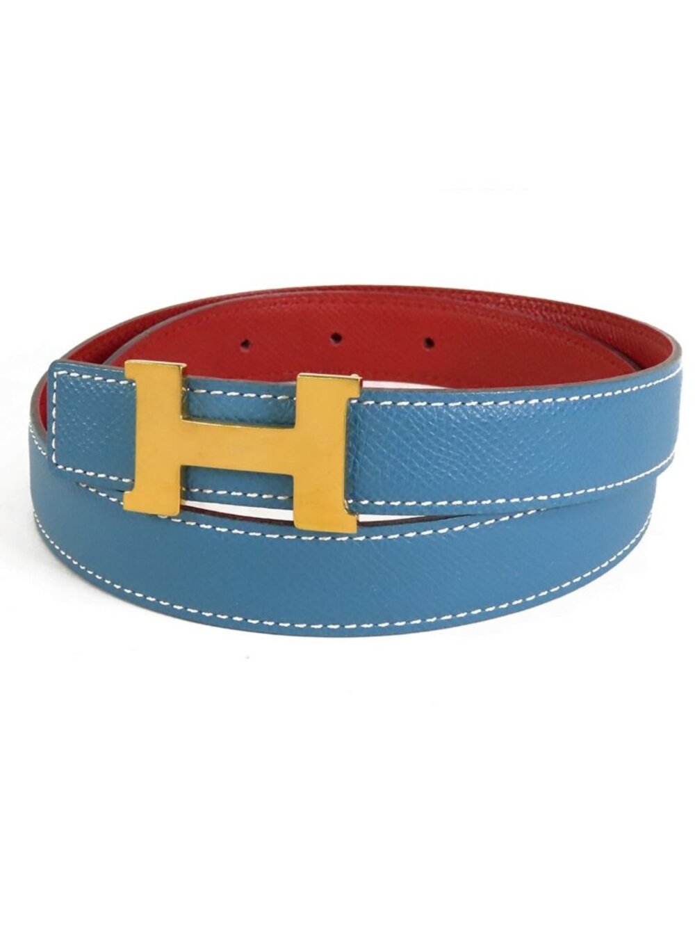 Hermes Constance H Belt Blue Jean Rouge Casaque Courchevel Reversible